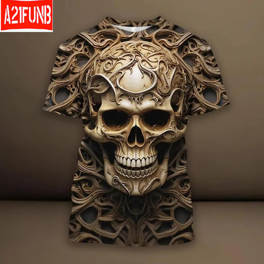A 21 FUNB Ventas directas de fábrica 2025 Nueva camiseta con estampado 3D de calavera para hombre, camisetas informales con cuello redondo y manga corta, calavera única T733 S