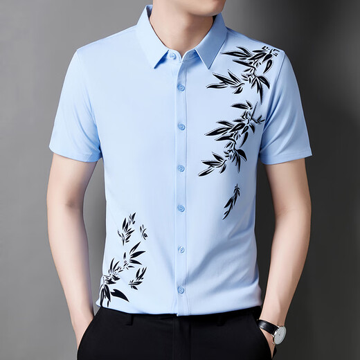 Woodpecker high-end ice silk short-sleeved shirt for men's summer thin style middle-aged and young people fashion and trendy printed markless base shirt Black 6628 4XL 185-200Jin [Jin equals 0.5 kg]