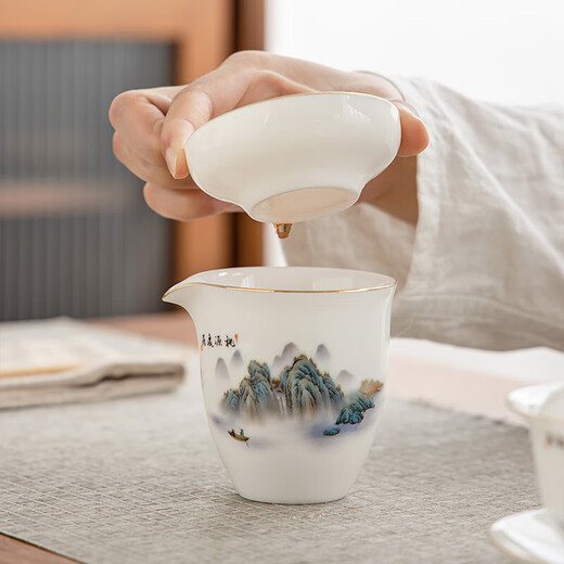 Gold inlaid jade mutton fat jade porcelain tea set Household ceramic tureen teapot teacup Kung Fu tea set complete gift box Taoyuan Yiju teapot tureen set 13 pieces