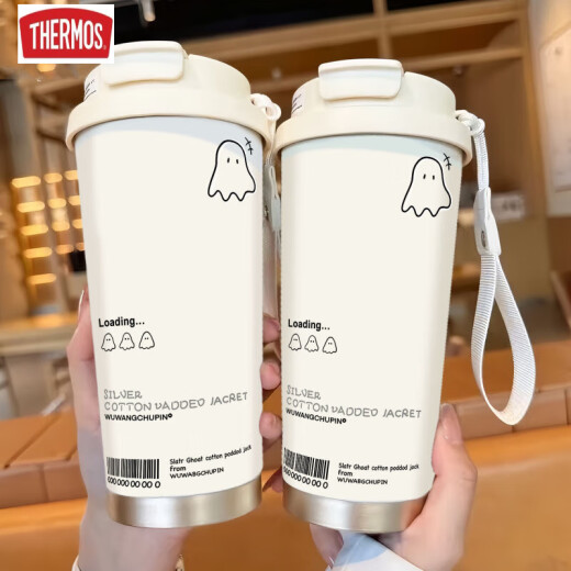 膳魔师（THERMOS）可爱幽灵保温杯高颜值学生不锈钢便携新款双饮咖啡男女吸管水杯子 BXAB13795幽灵粉+配挂绳 陶瓷内胆