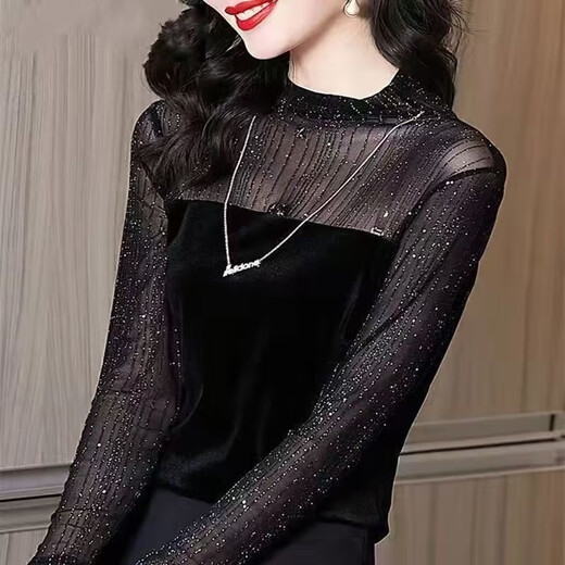 Velvet lace shirt for women in autumn and winter new fashion slimming and age-reducing inner wear mesh bottoming shirt Cancan lace shirt L (suitable for 90-105 Jin Jin equals 0.5 kg)
