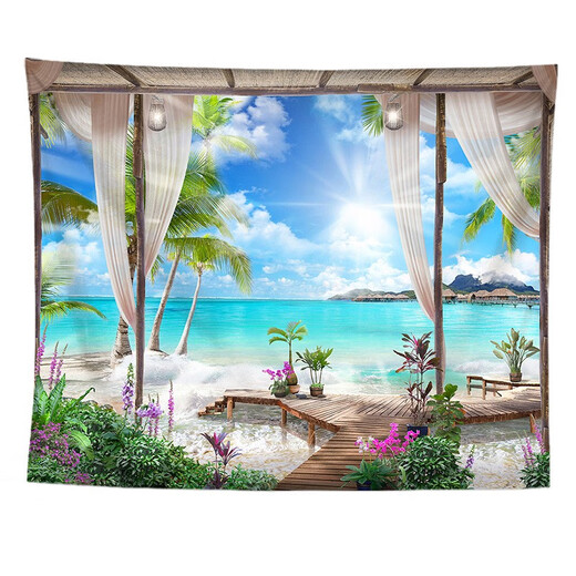 Fenêtres de paysage de vacances de style européen avec grand fond en tissu décoration Tapisse de chambre à coucher plante peinture murale en tissu suspendu G1278 Collection de tissu en velours 100 Hauteur * 150 Largeur CM uniquement pour l'installation