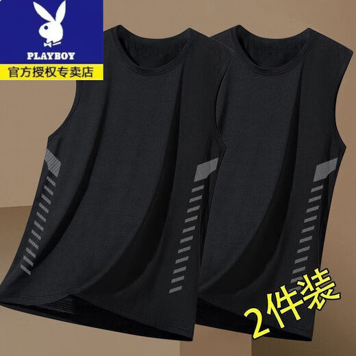 Playboy (PLAYBOY) trendy ice silk vest for men summer mesh sleeveless T-shirt thin men's quick-dry sweat-absorbing and breathable wide shoulder sweat shirt outside. Extra trendy oblique strip wide shoulder black + white collection and purchase XL [Suggested 120-135 Jin [Jin equals 0.5 kg]]