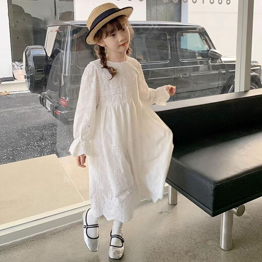 Girls Dress Spring and Autumn 2025 New Style French Style Girls Princess Dress White Children's Pure Cotton Hollow Long Skirt White 160