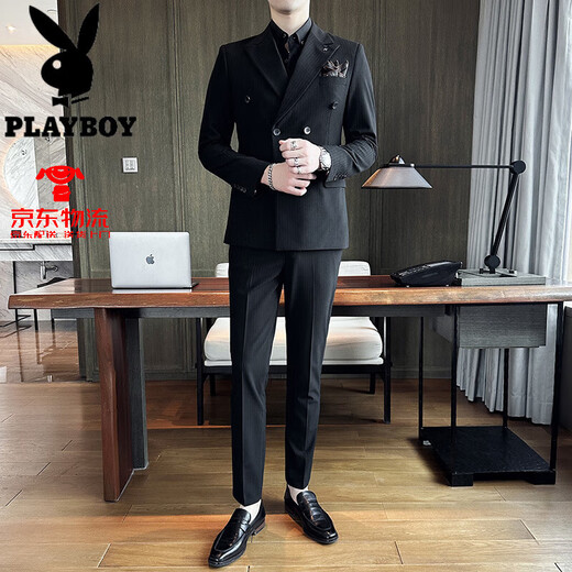 Playboy Hochzeitsanzug Set Herren High-End 2025 New Business Herren-Doppelbrust lässiger Hochzeitsanzug Jacke grau SJT9973 Drei-teiliger Set 4xl [Vorgeschlagen 185jin [Jin gleich 0,5 kg]]