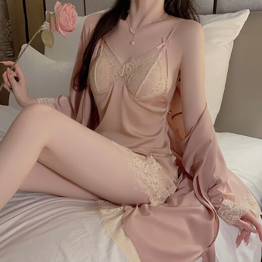亚慕兰性感加胸垫聚拢睡裙露背诱惑睡衣外袍女式家居套装送女友 1048黑色（睡裙+T裤） M
