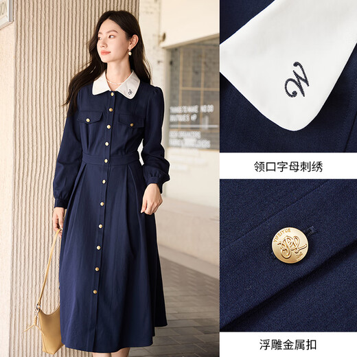Xiangying French navy style waist-closing dress for women 2025 autumn new long-sleeved lapel navy temperament skirt Navy blue M 160/84A/95-110Jin[Jin equals 0.5 kg]