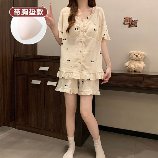 古今（GUJIN）夏季新品云朵棉睡衣女短袖短裤甜美蝴蝶结带胸垫外穿家居服送女友