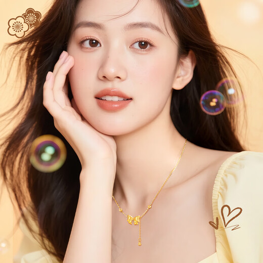 Lao Fengxiang bow gold necklace for women 18K gold pendant clavicle chain wedding anniversary gift for girlfriend and wife birthday 18k bow accessories + 925 silver necklace