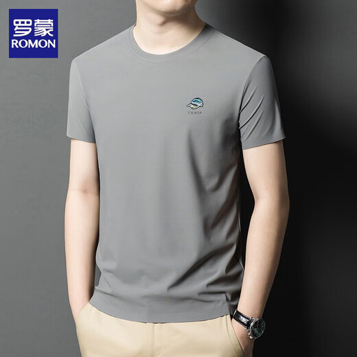 Romon men's short-sleeved round neck mulberry silk T-shirt summer half-sleeved versatile casual top T-shirt base shirt men's middle-aged clothes White-13596KSP M 165 Recommended 90-120Jin [Jin equals 0.5 kg]