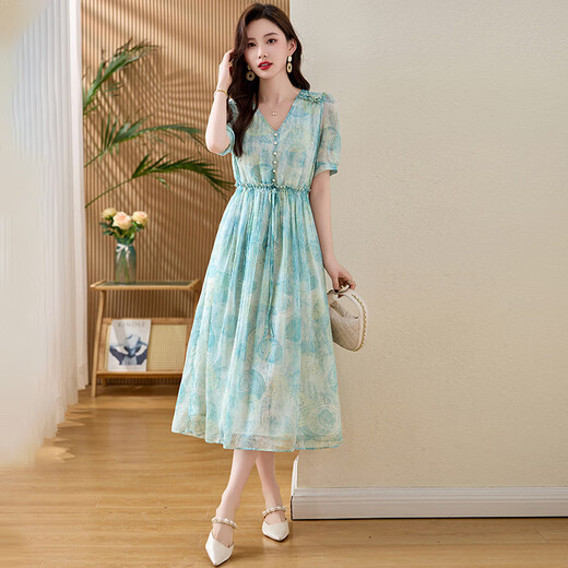 Aemape Mulberry Seide High-End-Temperament hoher Taille V-Ausschnitt gedruckter Rock für Frauen 2025 Sommer neuer Seiden mit mittlerer Länge gefälschter Stil Kleid Bild Farbe L 1105-115jin [Jin gleich 0,5 kg]