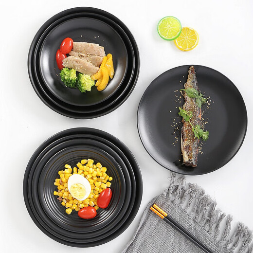 Metamin -Tischgeschirr runder Essteller schwarzer Grillplatte Bone Plate Handelsgericht Grill Teller Plastikschale LJP1098 Eine Schachtel mit 72 Teilen