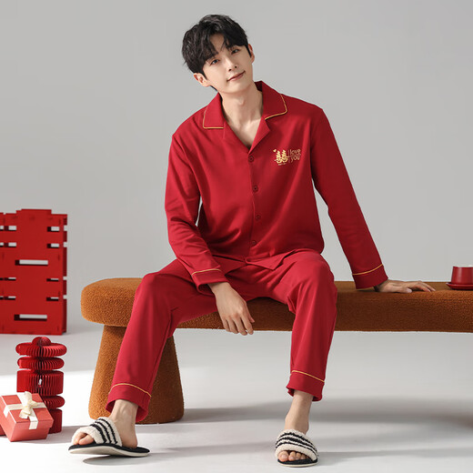 Fenton Kean's new red couple pajamas for women spring and autumn newlyweds pure cotton men's zodiac year home clothes simple style suit
