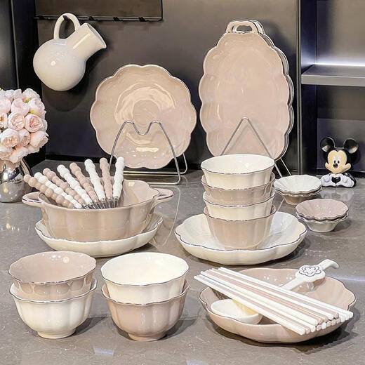 三栖虎感碗碟套装家用陶瓷盘子釉下彩餐具碗盘轻奢米饭碗碗具 描金款4-6人食礼盒装1355