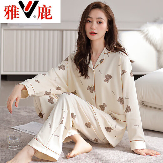雅鹿睡衣女秋季纯棉开衫长袖套装甜美卡通休闲家居服套装可外穿 01F9227 M 女-