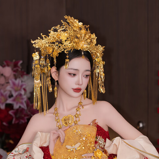 Shien bride Chinese style hair accessories golden big phoenix crown ancient style palace gorgeous and elegant Xiuhe dress national style dress wedding headdress phoenix crown MT086