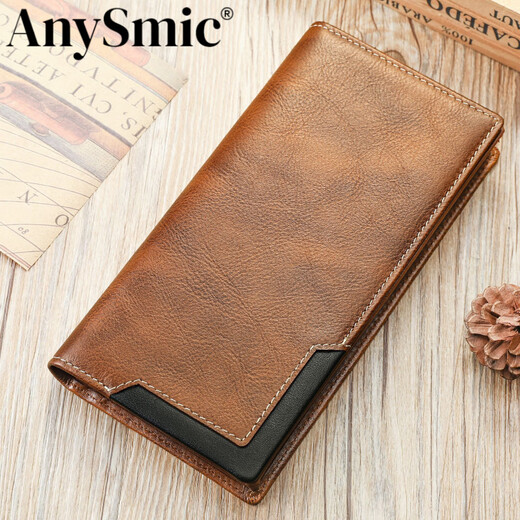 Anysmic High-End Light Luxury Brand-Tasche Herrenbeutel High-End Retro Herren Brieftasche vielseitiges Cowhide Langes Lederkarten Brieftasche Brieftasche schwarz 19.5*10