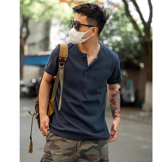 仓石一树仓石一树美式短袖亨利衫领T恤男夏季重磅抗皱潮流帅气百搭POLO衫 军绿色 XL 155-170斤