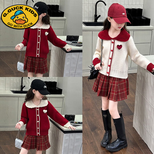 G.duck Girls Autumn and Winter Skirt New Year Suit 2026 New Children's Pleated Skirt Girls Big Children College Style New Year Clothes Suit Rice Sweater + Red Skirt 150 cm