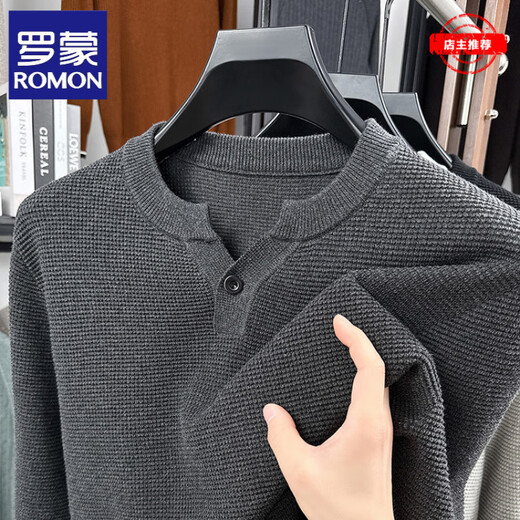 ROMON Henry collar knitted cotton long-sleeved T-shirt for men, spring and autumn casual, light and mature, simple solid color slim fit bottoming shirt top, dark gray - high-end brand L recommended 120-140Jin Jin equals 0.5 kg
