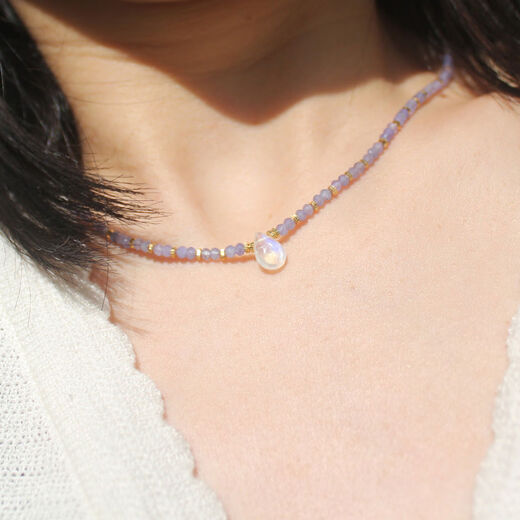 Guran Natural Clavicle Chain Women's Original Design Colored Gemstone Beaded Neck Ornament Blue Moonlight Crystal Pendant Necklace Light Purple 40cm3mm