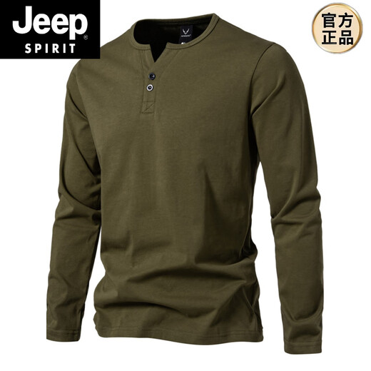 JEEP SPIRIT 300g heavy cotton large size slim henley collar long-sleeved T-shirt men's spring and autumn solid color sports fitness T-shirt military green XL