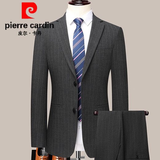 Pierre Cardin Wool Suit Men's Autumn and Winter New Business Casual High-end Suit Two-piece Set No-Iron Middle-aged Suit 2391 Black Vertical Strips 2XL (185) - Recommended weight 165-175 Jin Jin equals 0.5 kg