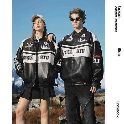 Bosie Boxi 2025 new autumn style letter contrast motorcycle pu leather jacket men's casual jacket jacket black and white M