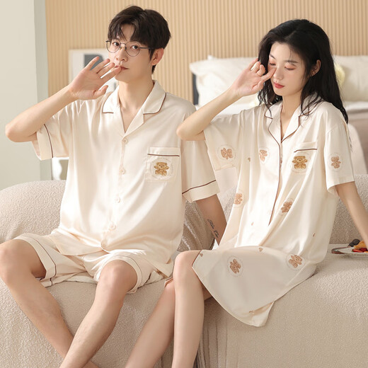 
Yalu couple pajamas summer thin ice silk 2025 new cardigan short-sleeved home clothing sense men's large-size suit L6210 ice silk skirt cover 3XL women's XL+ men