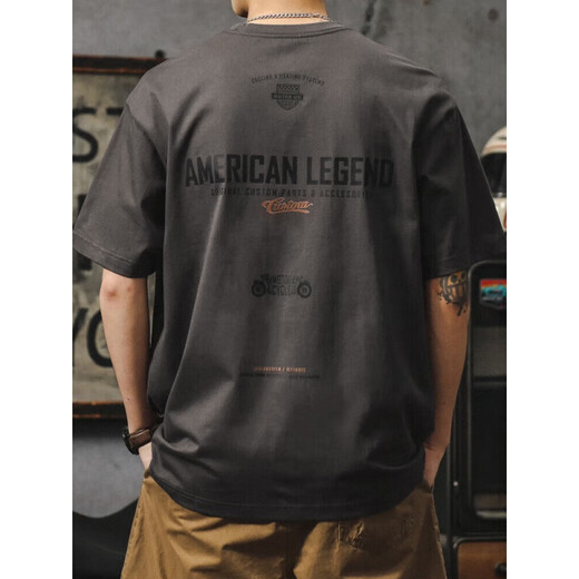 LA海澜之家HLA同款三本针潮牌短袖t恤男夏季宽松大码纯棉体恤美式复古机车印花半袖 HST1518深灰色 M 100-120斤