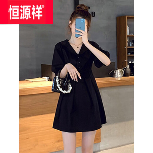 恒源祥小个子收腰显瘦气质冰丝连衣裙女2025新款短裙子女夏季感小黑裙 6622玫瑰碎花 XL 建议120斤左右