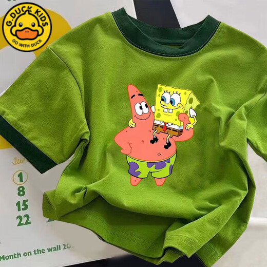 G.DUCKKIDS男童女童纯棉短袖T恤夏季新款卡通海绵宝宝半袖儿童洋气上衣t 673绿色【派大星抱 海绵宝宝】 130