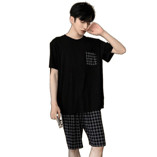 QLTQZQ睡衣男士夏季短袖薄款青少休闲特大码230斤加肥学生家居服套装 378黑菱格+6627#蓝色字母 170 学生M【80-100斤】