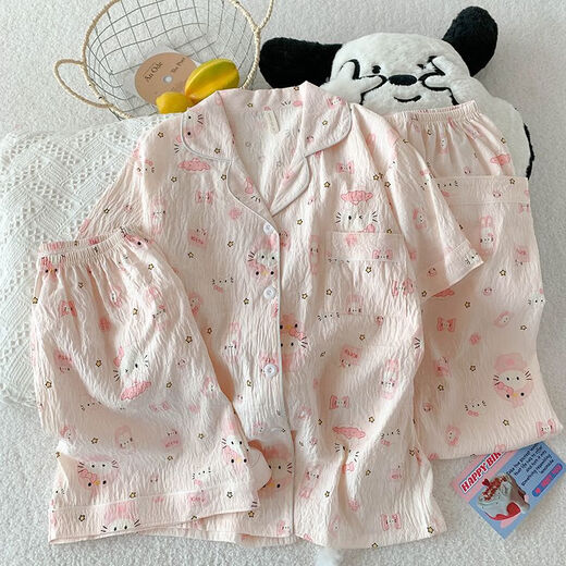 S.sofea Cloud Cotte Pajama для женщин Лето-розовый кошка мультфильм с короткими рукавами с тремя частями.