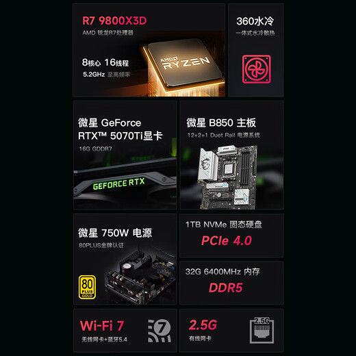 MSI Family Bucket Aegis ZS2 AMD Ryzen R7 9800X3D/RTX5070Ti/32G D5/1T water-cooled e-sports gaming desktop computer host complete machine national subsidy