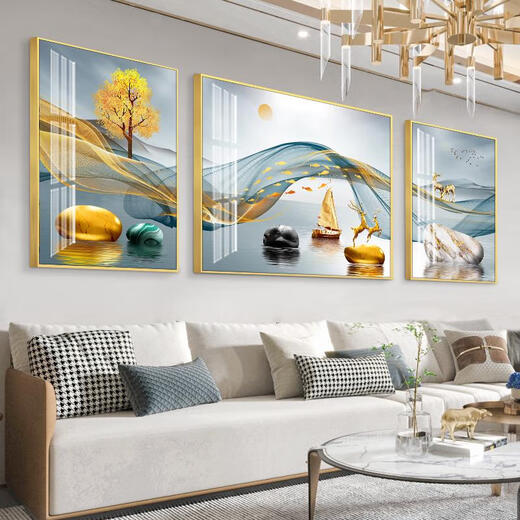 Yusen Yi Fulu Living Room Decoration Painting Simple Modern Sofa Background Wall Hanging Painting Atmospheric Mural Landscape Painting Wall Painting Hj-3883-Fulu Double Pack Installation Limited to 5070 Pack Installation Suitable for sofas above 4.3 meters on both sides of 70