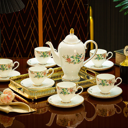 Jingqiu underglaze color high-end water set Jingdezhen high temperature bone china tea set water cup kettle complete set household gift box underglaze color flowery water set 13 pieces