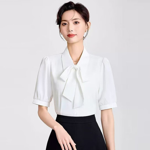 蓝色衬衫女夏季款蝴蝶结系带法式别致上衣面试穿搭小个子短袖衬衣 0159白色短袖【高品质免烫】 2XL (推荐130-140斤)