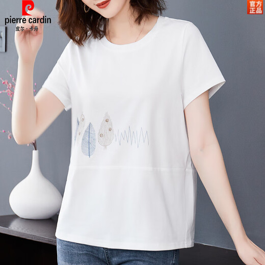 皮尔卡丹（pierre cardin）加肥加大码短袖t恤女士夏薄款棉宽松中年妈妈棉汗衫白色上衣 白色KSP-9896款 L 适合100-120斤