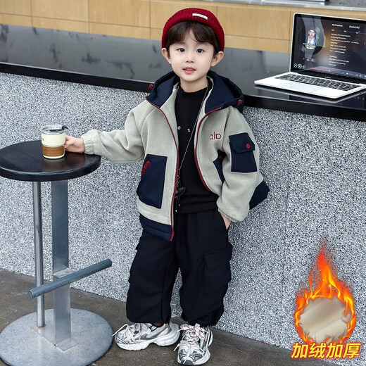 Boys' autumn and winter woolen sweaters, velvet thickened jackets, children's style jackets, 2025 new Austrian velvet tops, navy blue 120