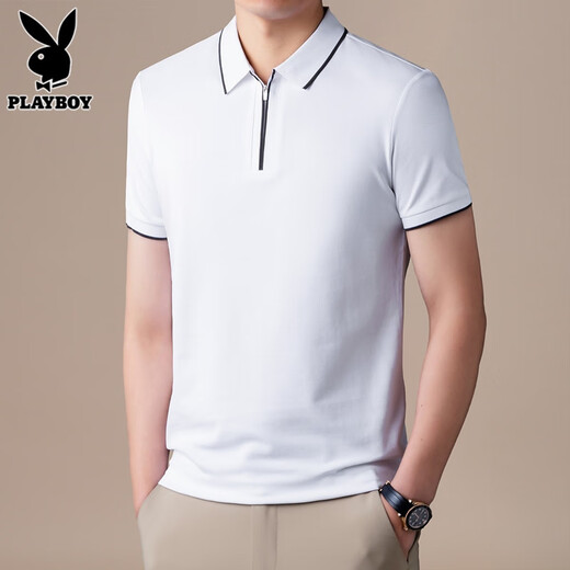 花花公子（PLAYBOY）高端半拉链Polo衫男士短袖t恤夏季新款宽松冰丝半袖上衣服男T舒适 FYMB9276石墨灰 XL 【121-140斤】