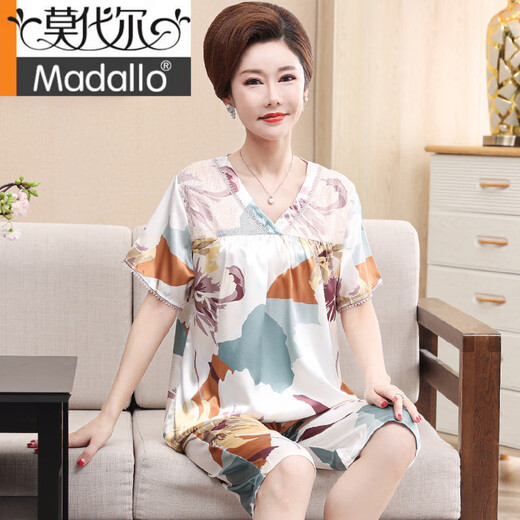 莫代尔妈妈睡衣夏季真丝薄款短袖中老年人女士真丝绸家居服大码胖MM套装 WH-838 M (建议穿80斤-100斤)