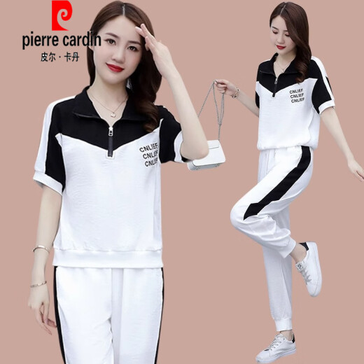皮尔卡丹（pierre cardin）2025夏季新款显瘦短袖时尚休闲套装女小个子宽松跑步运动服两件套 (1389)白色 M (建议100斤内)