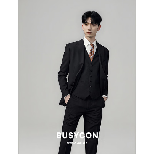 BUSYCON高端羊毛黑色西装男套装商务休闲职业西服外套男士新郎结婚礼服 黑色(两件套:上衣+裤子) 52 参考体重150-160斤