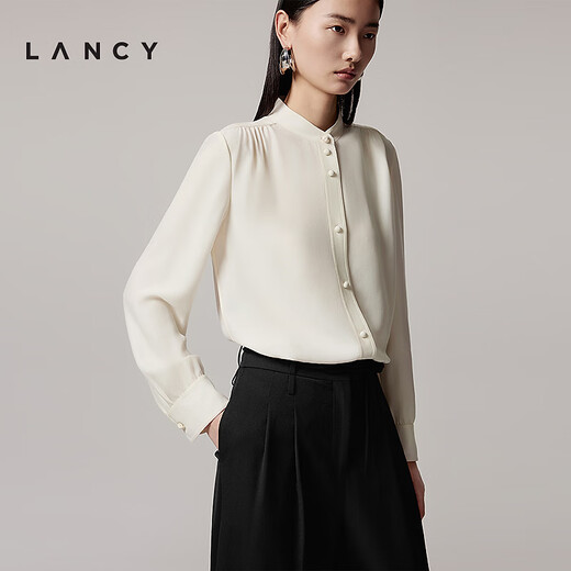 LANCY 100% mulberry silk autumn new temperament high-end silk stand-up collar long-sleeved shirt for women off-white M