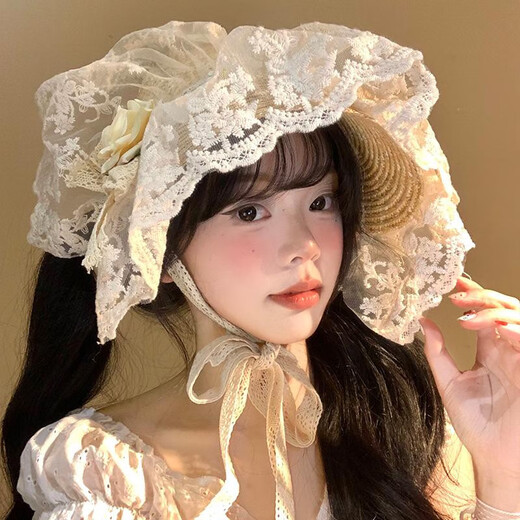 
DJVT Japanese Monkey Princess Lolita Hat Women's Spring and Summer Lace Knitted Straw Hat French Retro Sunshade Sun Hat Beige Lace Straw Hat All Size