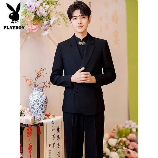 Playboy (PLAYBOY) Chinese tunic suit new Chinese style engagement wedding groom suit suit men's suit stand collar plate button black three-piece suit jacket + 152 black shirt + 2XL