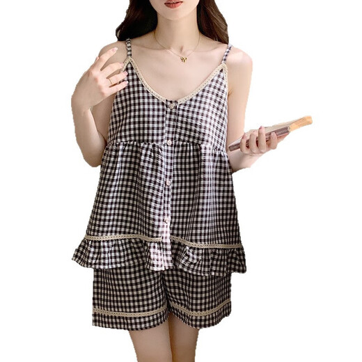 带胸垫睡衣女夏季新款格子花边吊带短裤韩系可爱云朵棉家居服套装 9904杏色 XL
