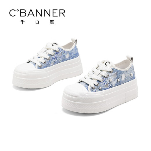 千百度 C°BANNER夏季透气网面时尚百搭帆布鞋女板鞋轻便增高运动休闲鞋厚底鞋 蓝色 38 (240mm)