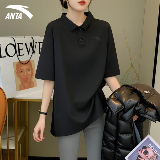 安踏（ANTA）运动套装女冰丝速干polo衫短裤女士t恤休闲夏季薄款足球篮球衣服 基础黑/基础黑【速干】 M